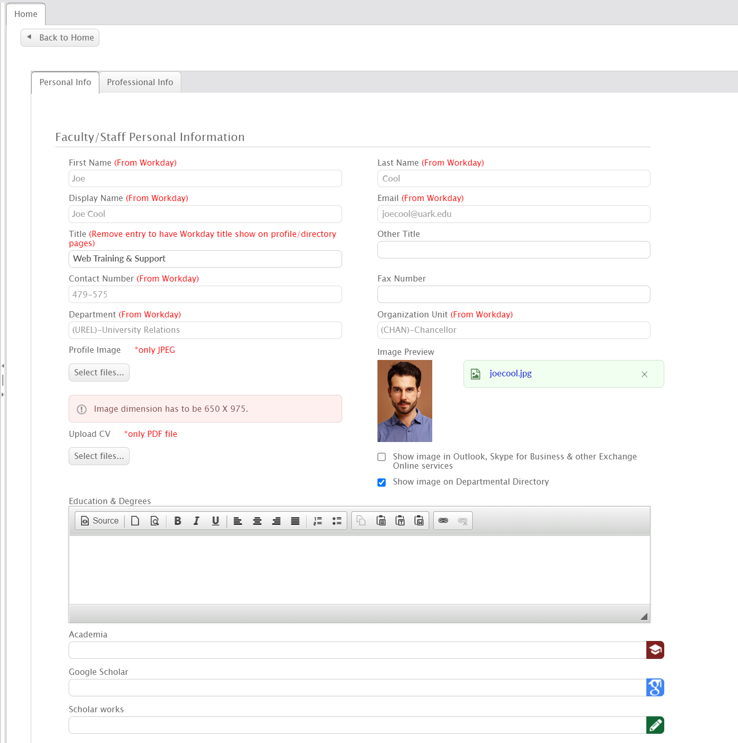 Screenshot of CampusWebData profile.