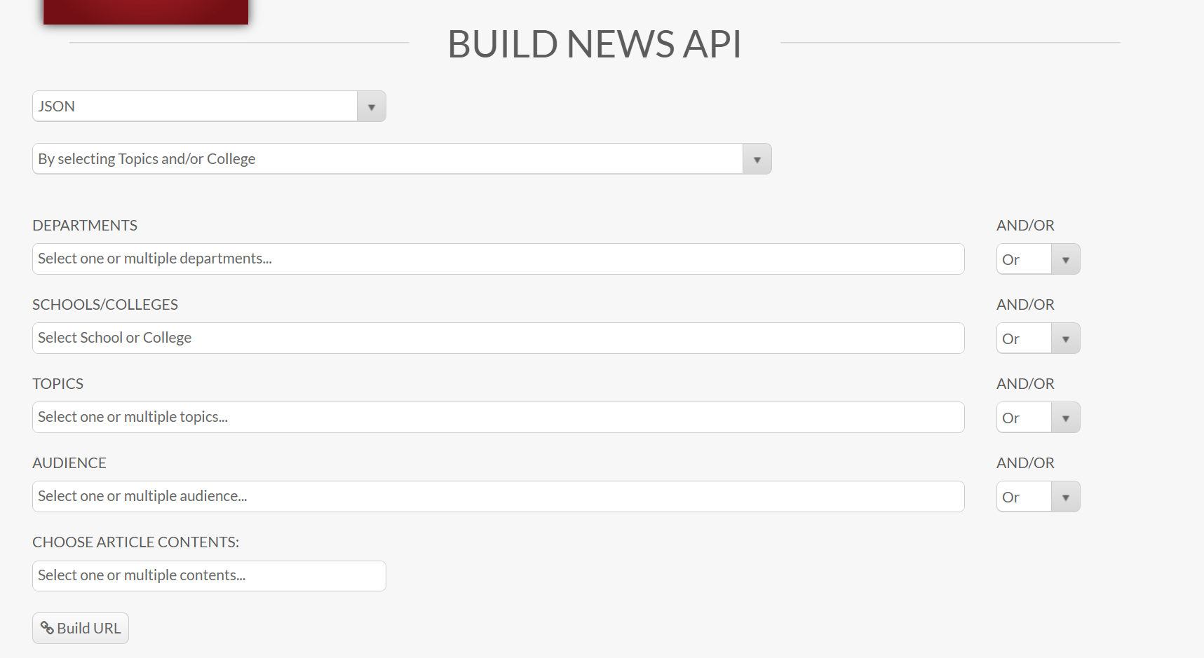 menu options for building an API by topic/colleges