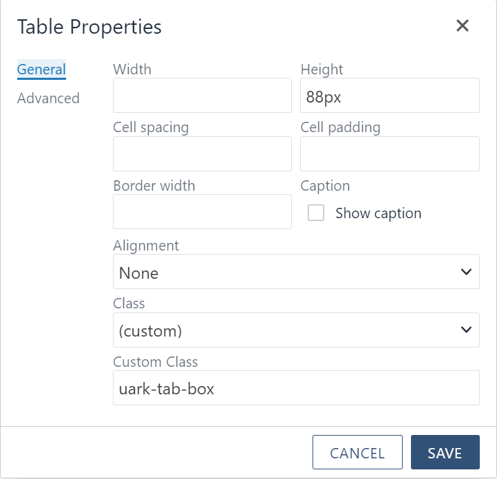 Table properties widget with custom class for tab