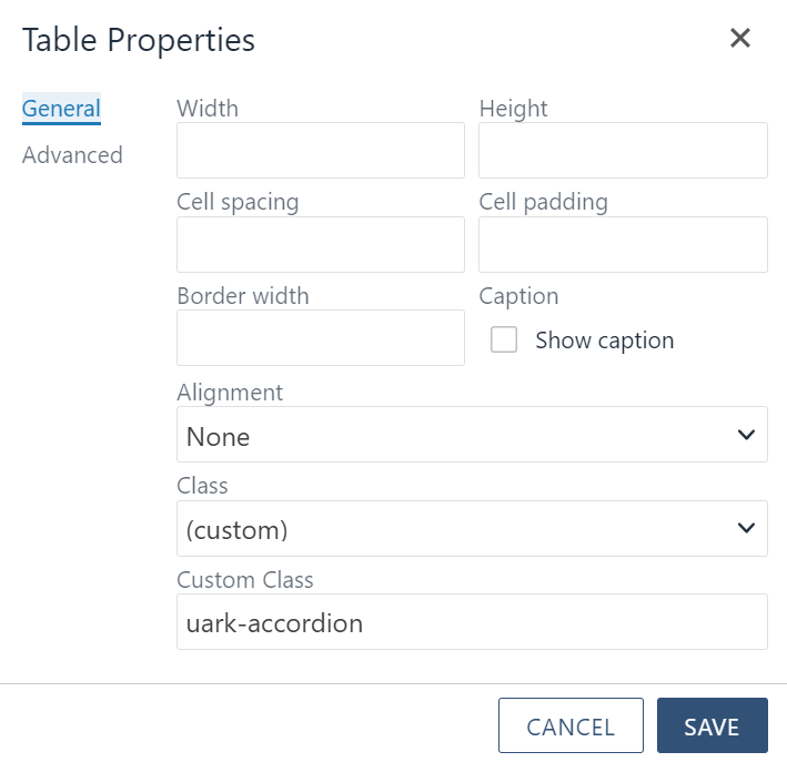 Table properties widget